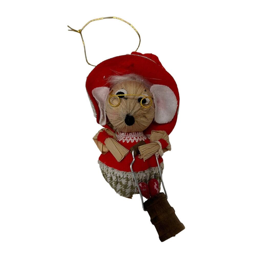 Vintage Kurt‎ Adler Corn Husk Mouse Christmas Ornament Grandma Glasses 4" Taiwan